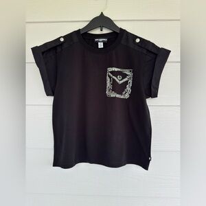 Karl Lagerfeld Women’s Black Rhinestone Pocket Silver Button T Shirt Size Xs